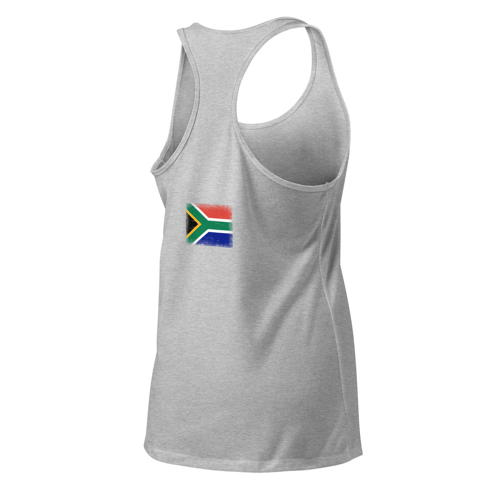 South Africa flag racerback tank top in Heather Gray, vintage-washed print, flag across the upper back, women cut, back view