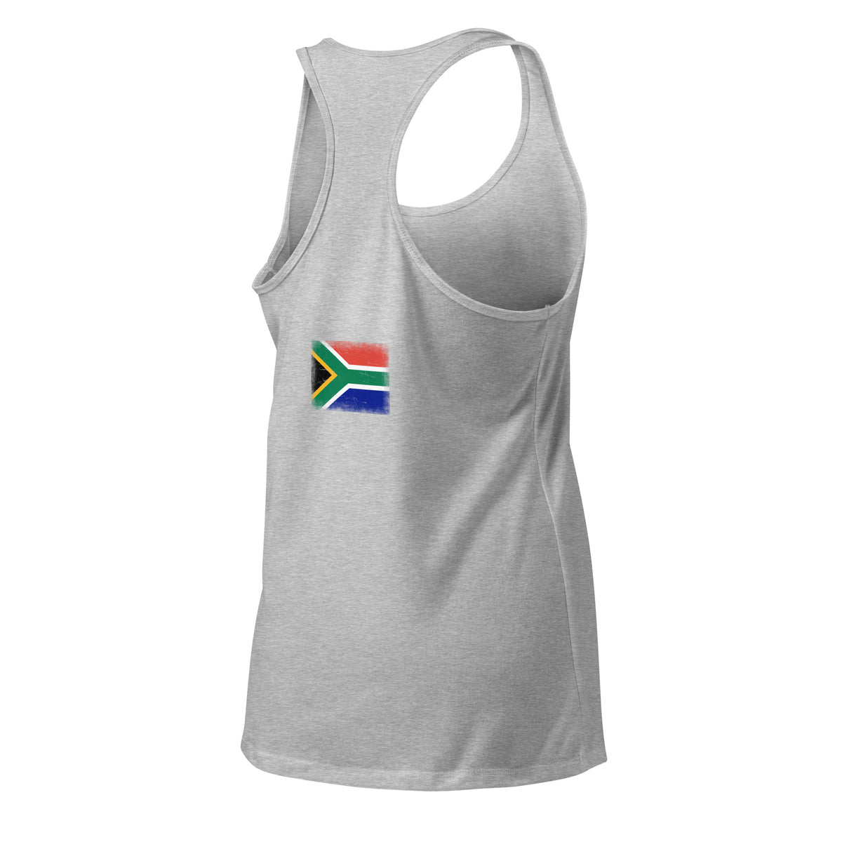 South Africa flag racerback tank top in Heather Gray, vintage-washed print, flag across the upper back, women cut, back view