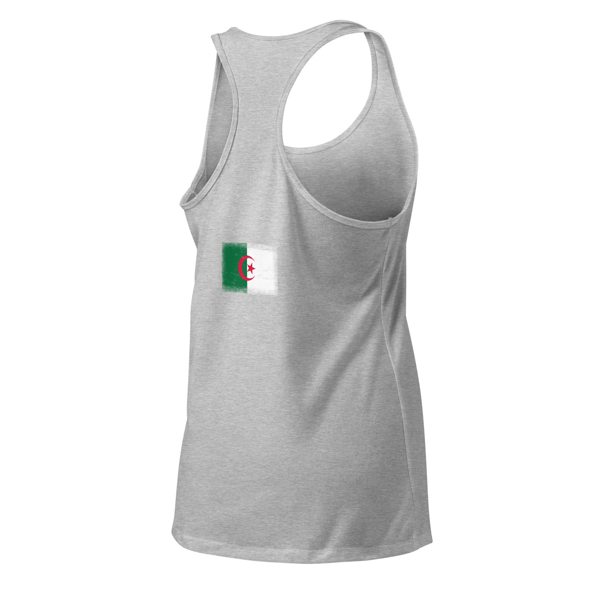 Algeria flag racerback tank top in Heather Gray, vintage-washed print, flag across the upper back, women cut, back view