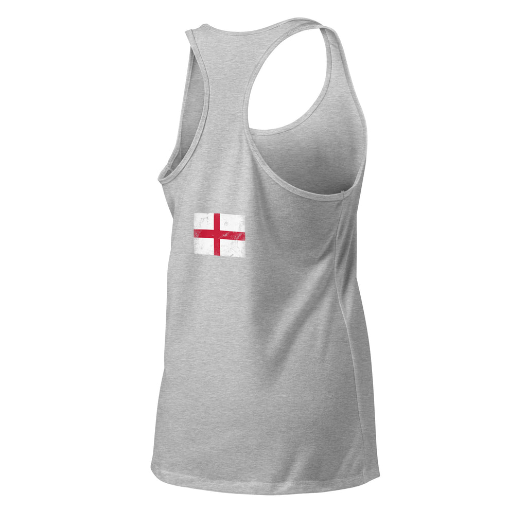 England flag racerback tank top in Heather Gray, vintage-washed print, flag across the upper back, women cut, back view