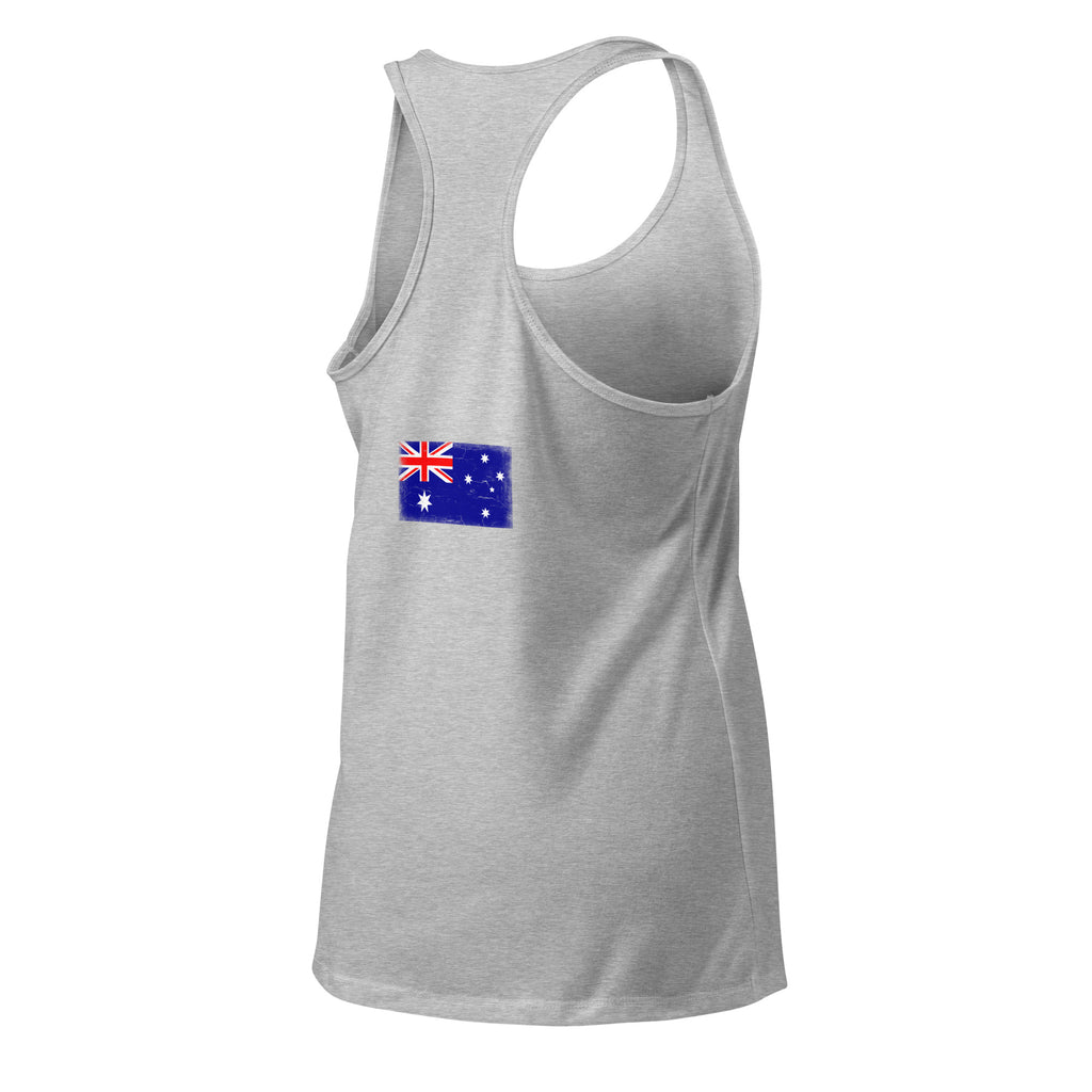 Australia flag racerback tank top in Heather Gray, vintage-washed print, flag across the upper back, women cut, back view