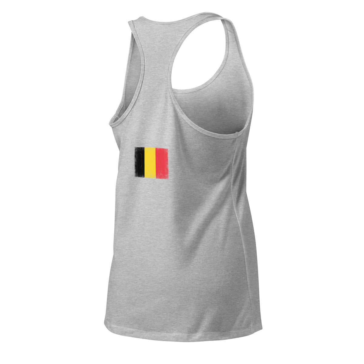 Belgium flag racerback tank top in Heather Gray, vintage-washed print, flag across the upper back, women cut, back view