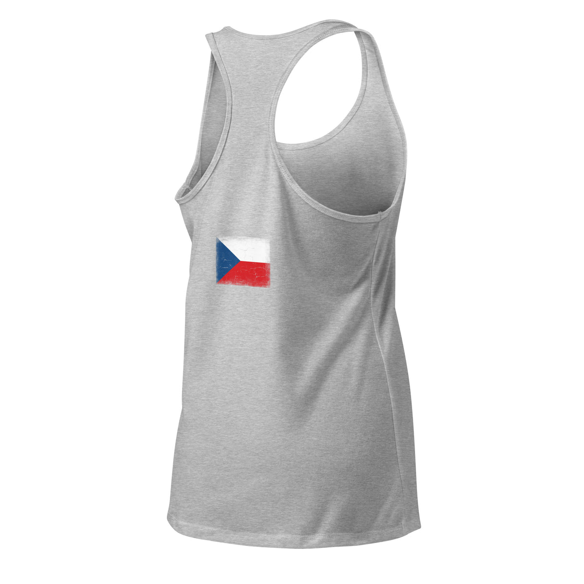 Czechia flag racerback tank top in Heather Gray, vintage-washed print, flag across the upper back, women cut, back view