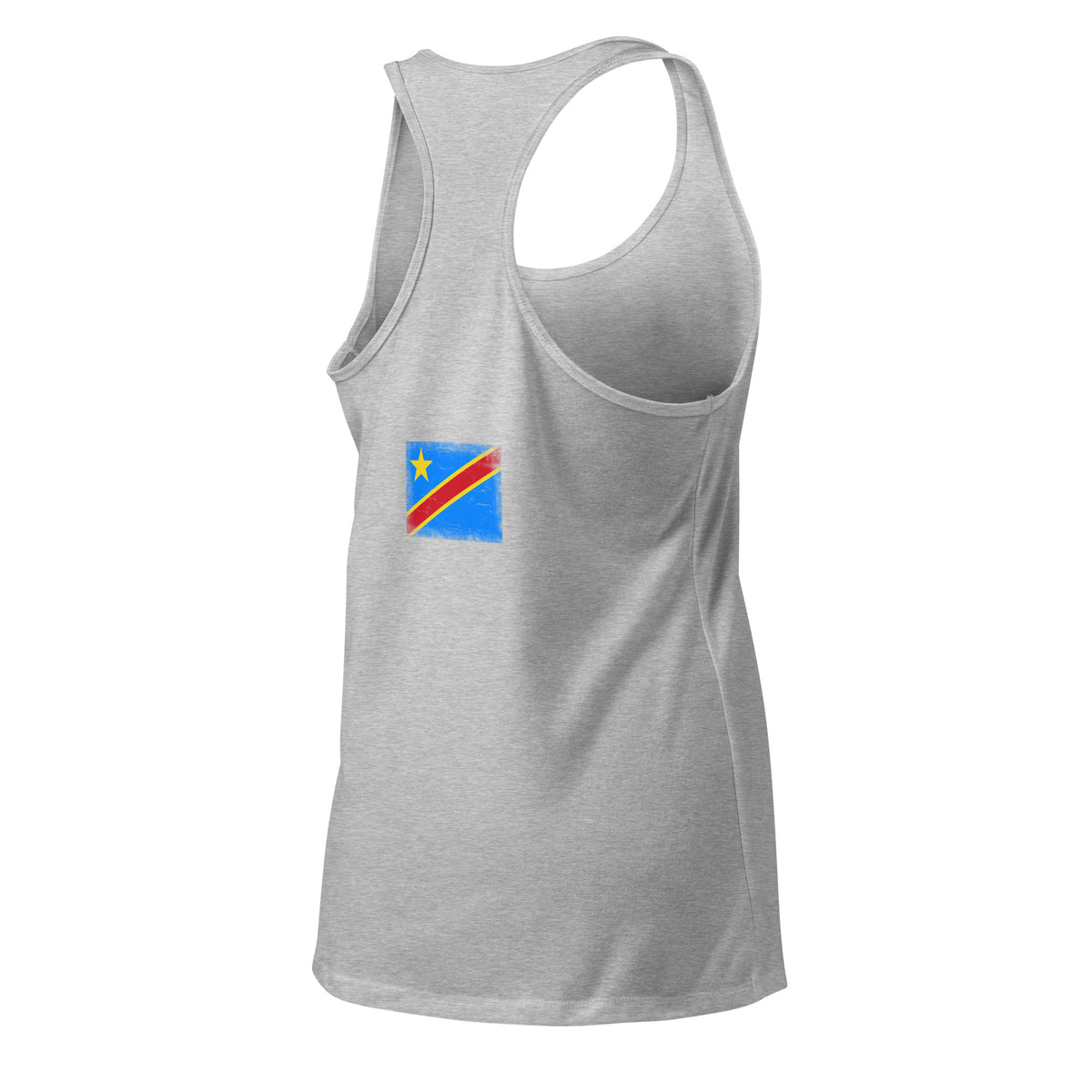 Congo flag racerback tank top in Heather Gray, vintage-washed print, flag across the upper back, women cut, back view