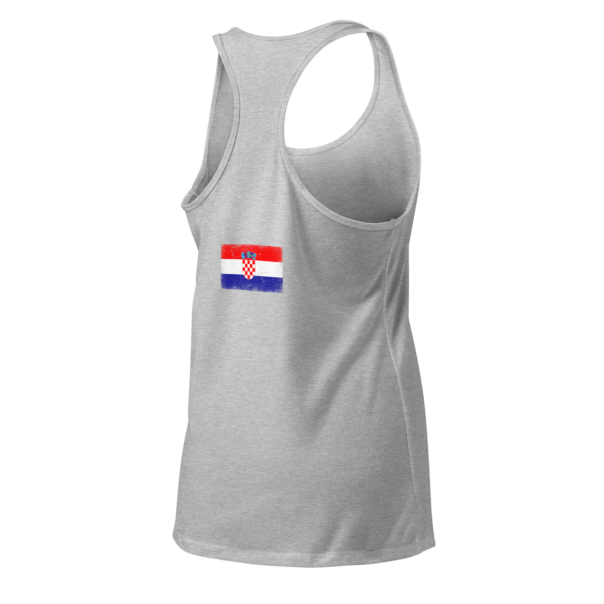 Croatia flag racerback tank top in Heather Gray, vintage-washed print, flag across the upper back, women cut, back view
