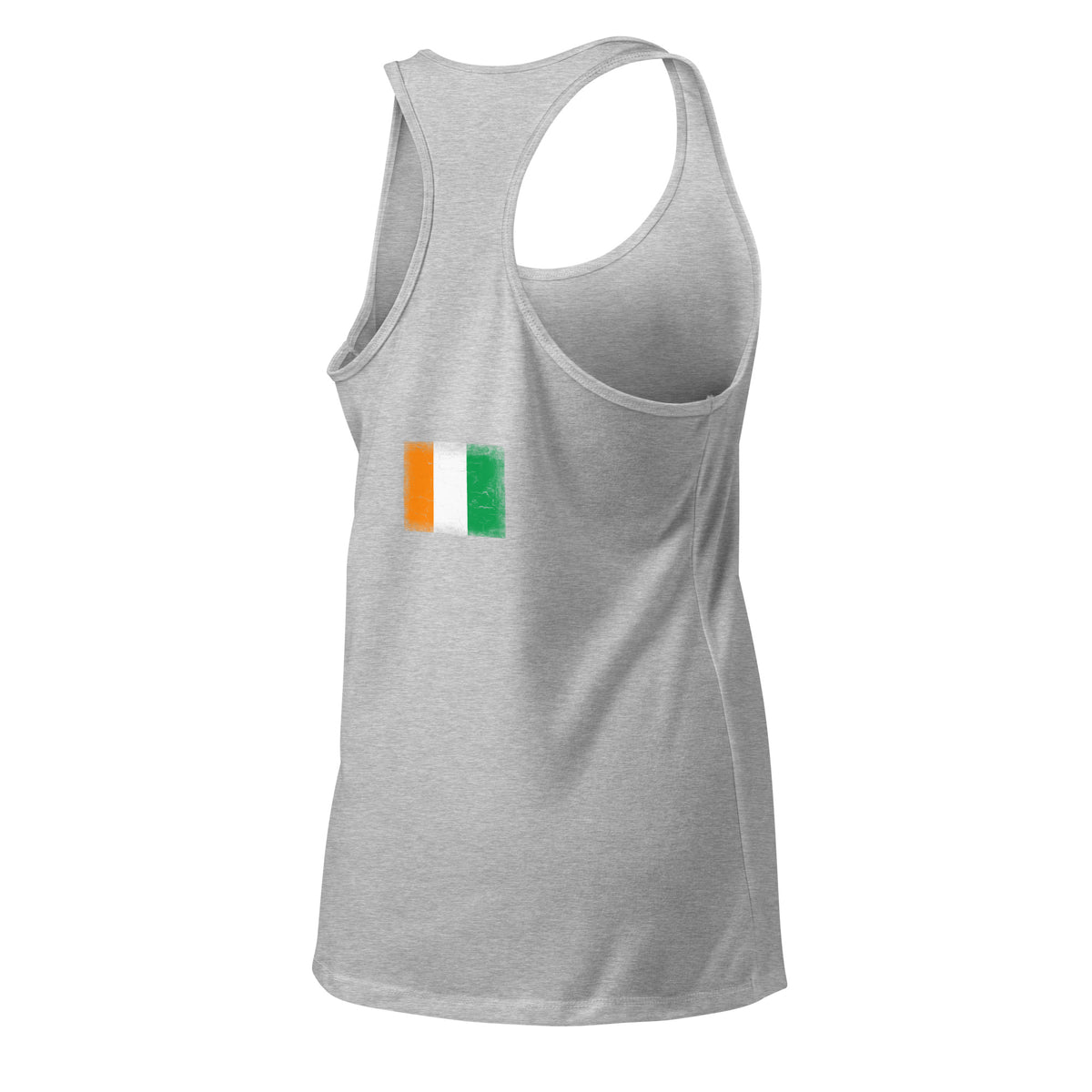 Côte d'Ivoire flag racerback tank top in Heather Gray, vintage-washed print, flag across the upper back, women cut, back view