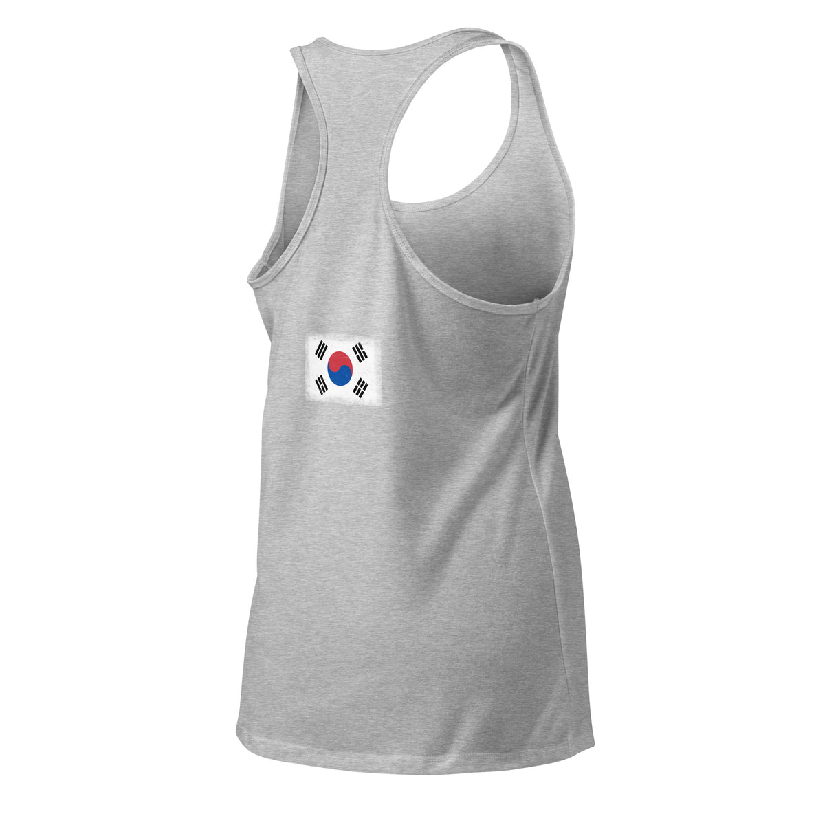 South Korea flag racerback tank top in Heather Gray, vintage-washed print, flag across the upper back, women cut, back view
