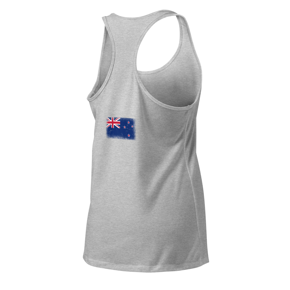 New Zealand flag racerback tank top in Heather Gray, vintage-washed print, flag across the upper back, women cut, back view