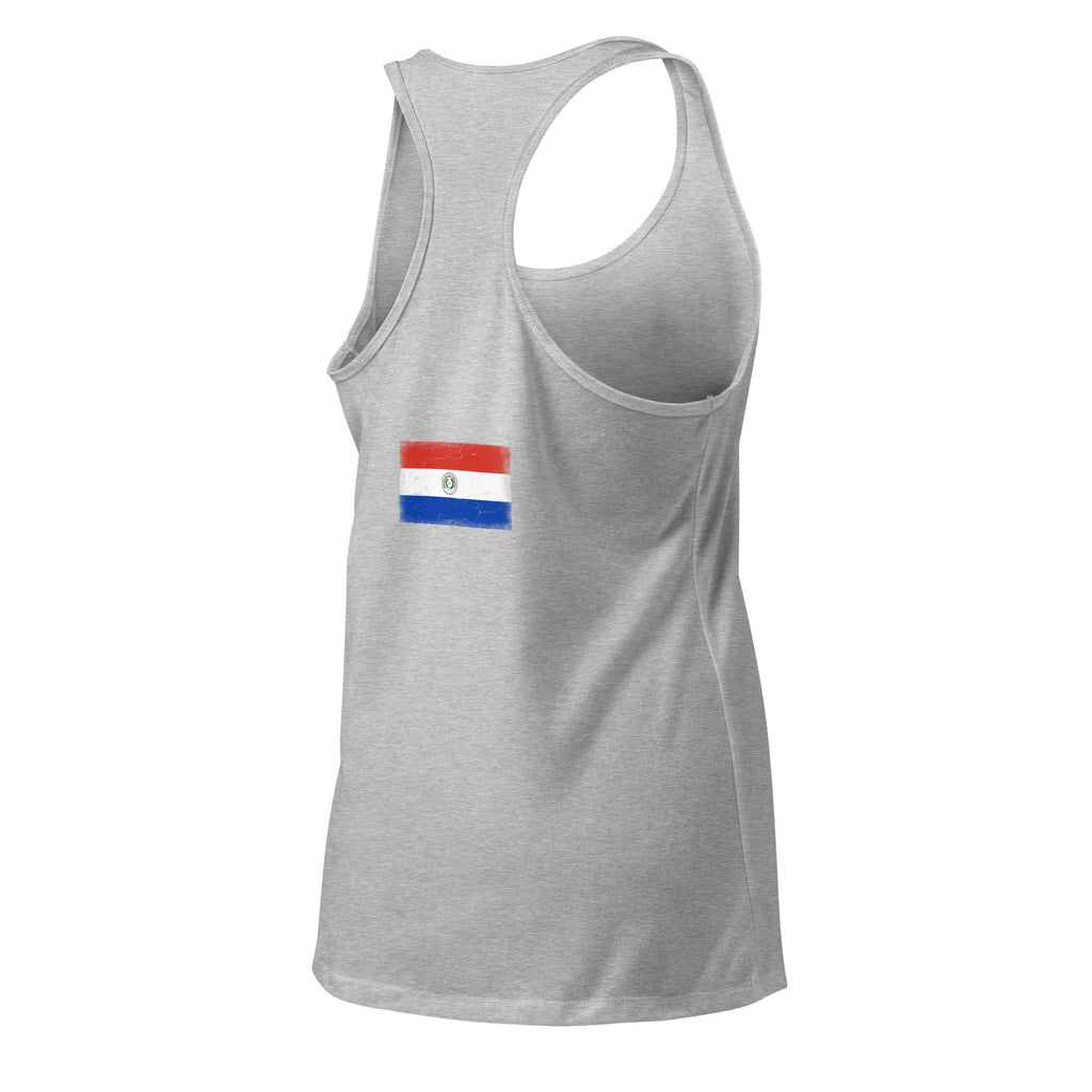 Paraguay flag racerback tank top in Heather Gray, vintage-washed print, flag across the upper back, women cut, back view