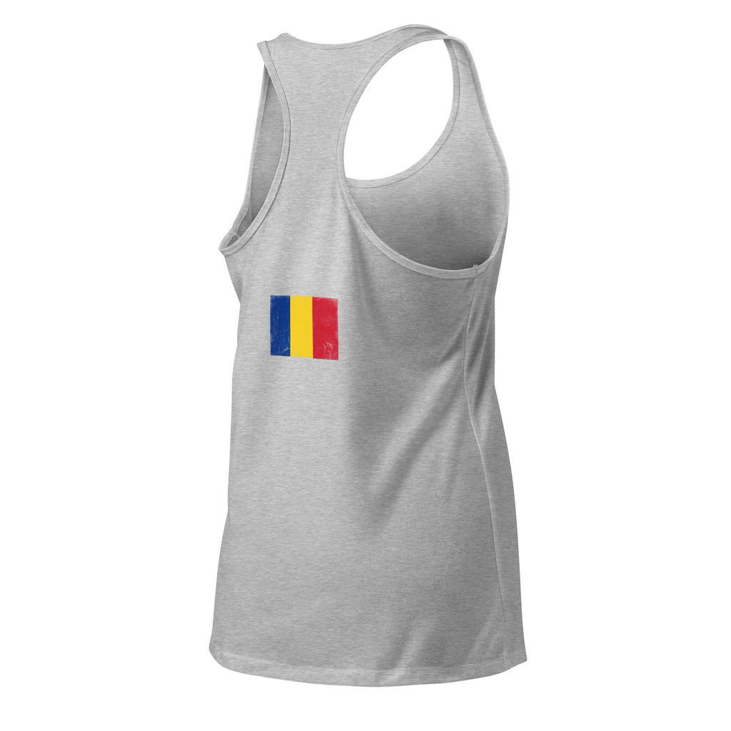 Romania flag racerback tank top in Heather Gray, vintage-washed print, flag across the upper back, women cut, back view