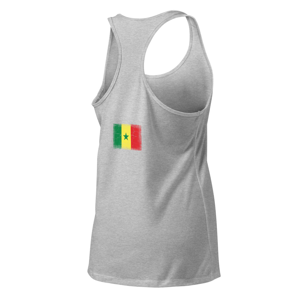 Senegal flag racerback tank top in Heather Gray, vintage-washed print, flag across the upper back, women cut, back view