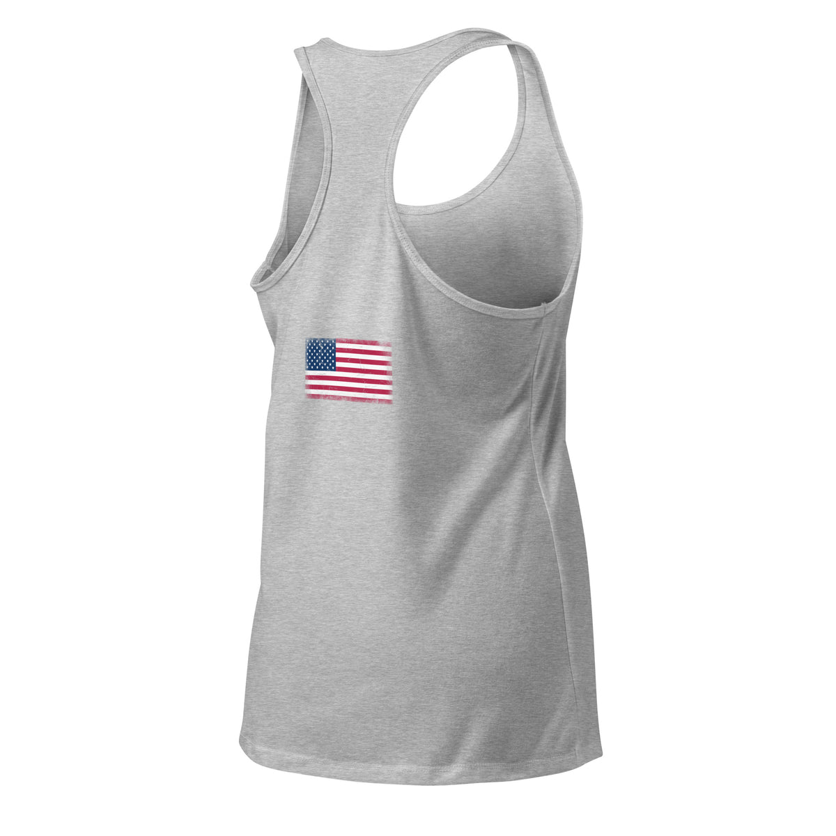USA flag racerback tank top in Heather Gray, vintage-washed print, flag across the upper back, women cut, back view