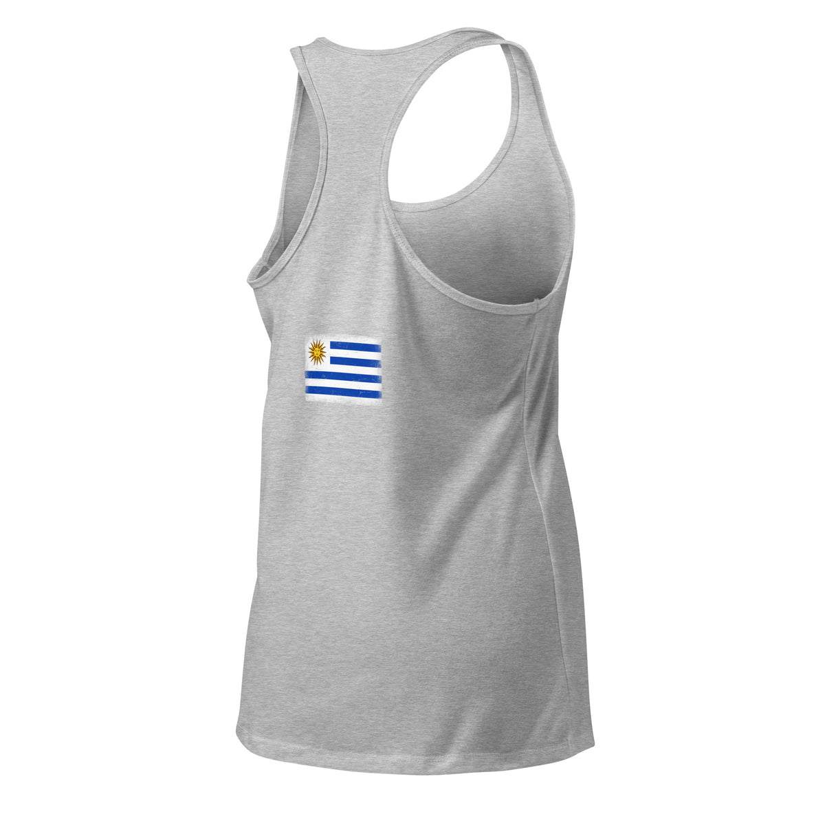 Uruguay flag racerback tank top in Heather Gray, vintage-washed print, flag across the upper back, women cut, back view