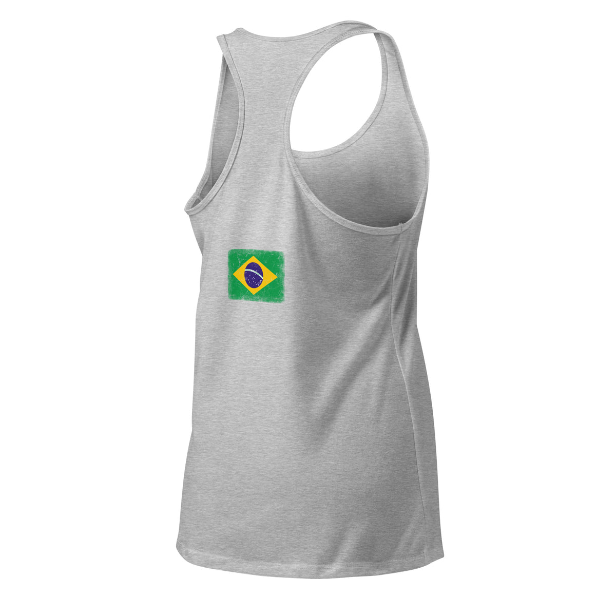 Brasil flag racerback tank top in Heather Gray, vintage-washed print, flag across the upper back, women cut, back view