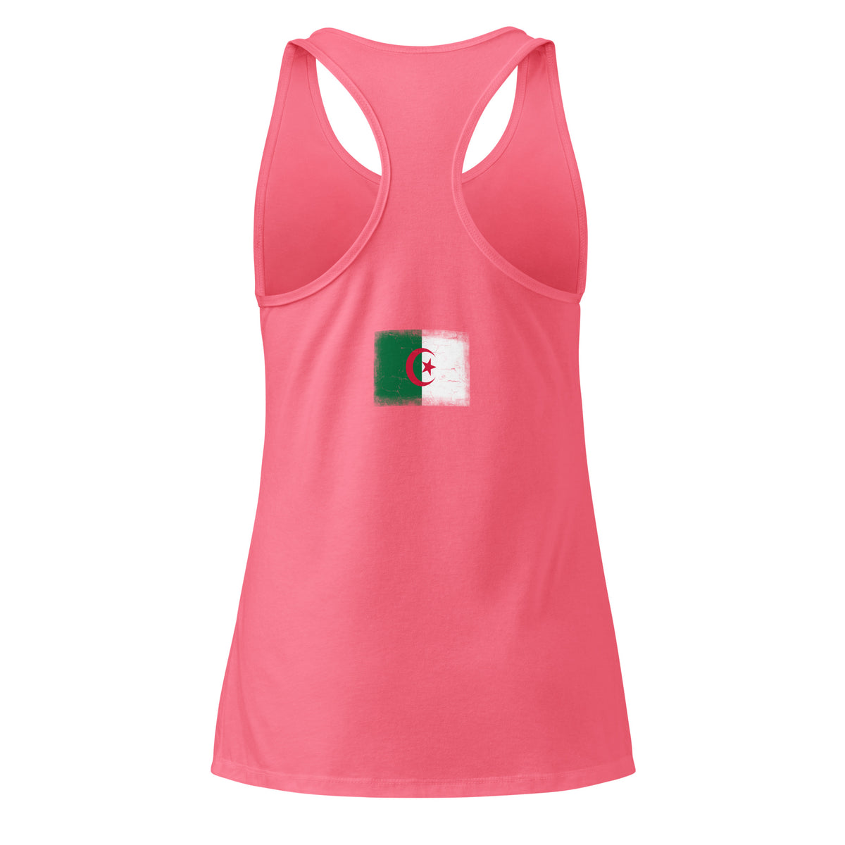 Algeria flag racerback tank top in Hot Pink, vintage-washed print, flag across the upper back, women cut, back view