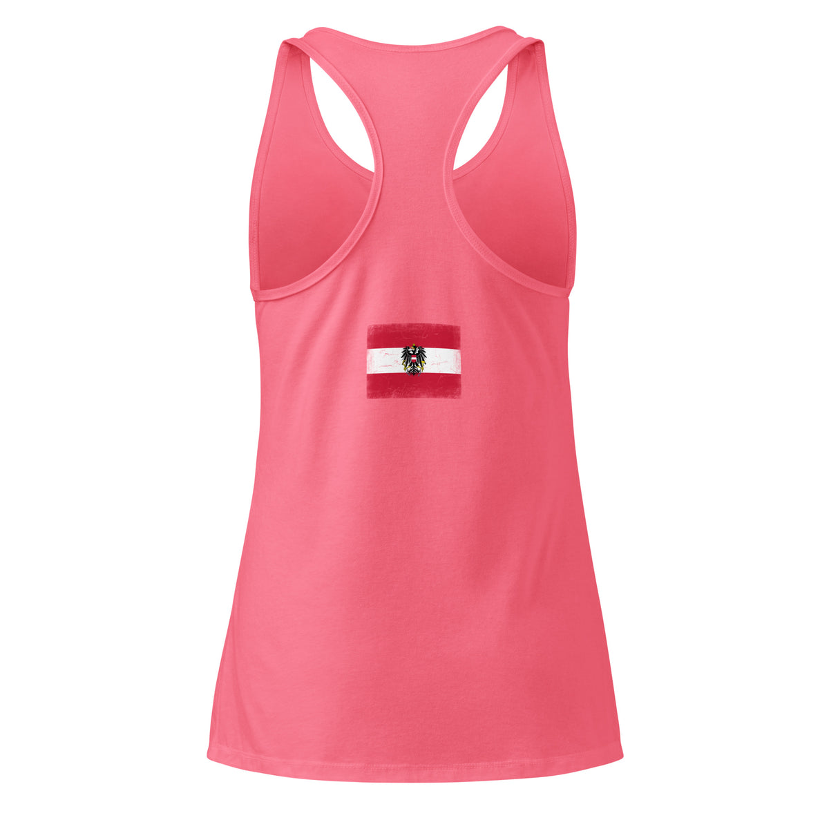 Austria flag racerback tank top in Hot Pink, vintage-washed print, flag across the upper back, women cut, back view