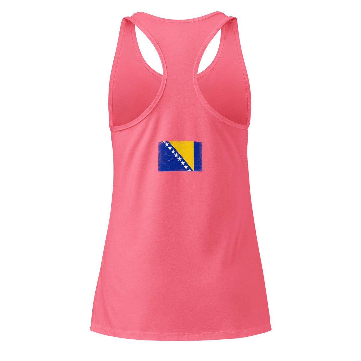Bosnia and Herzegovina flag racerback tank top in Hot Pink, vintage-washed print, flag across the upper back, women cut, back view