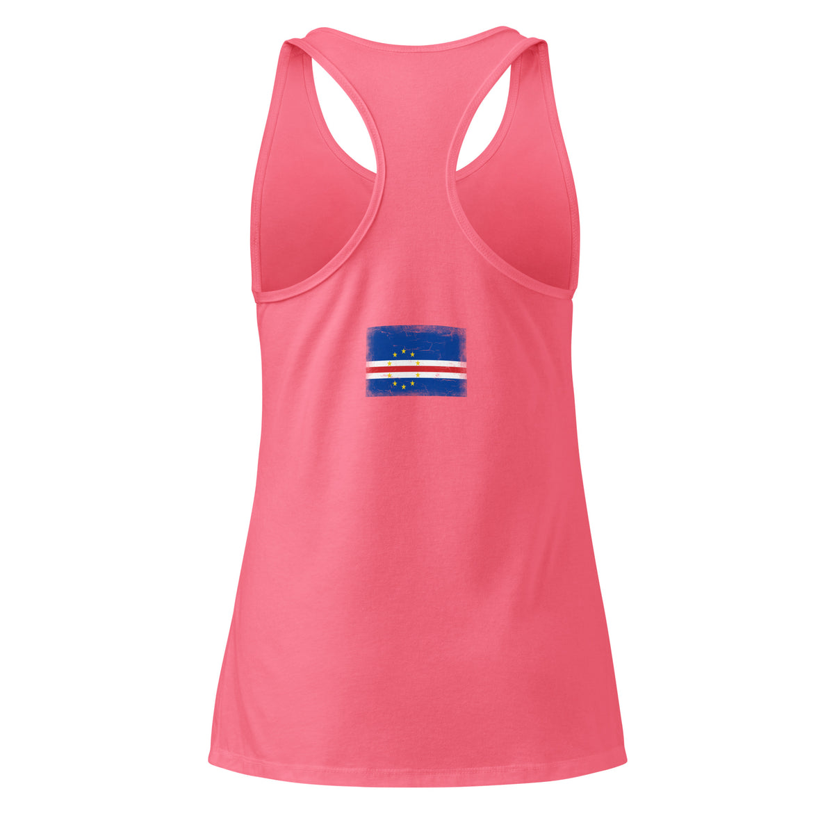Cape Verde flag racerback tank top in Hot Pink, vintage-washed print, flag across the upper back, women cut, back view
