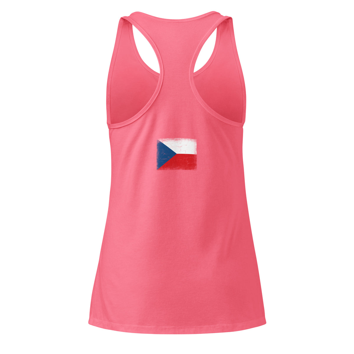Czechia flag racerback tank top in Hot Pink, vintage-washed print, flag across the upper back, women cut, back view