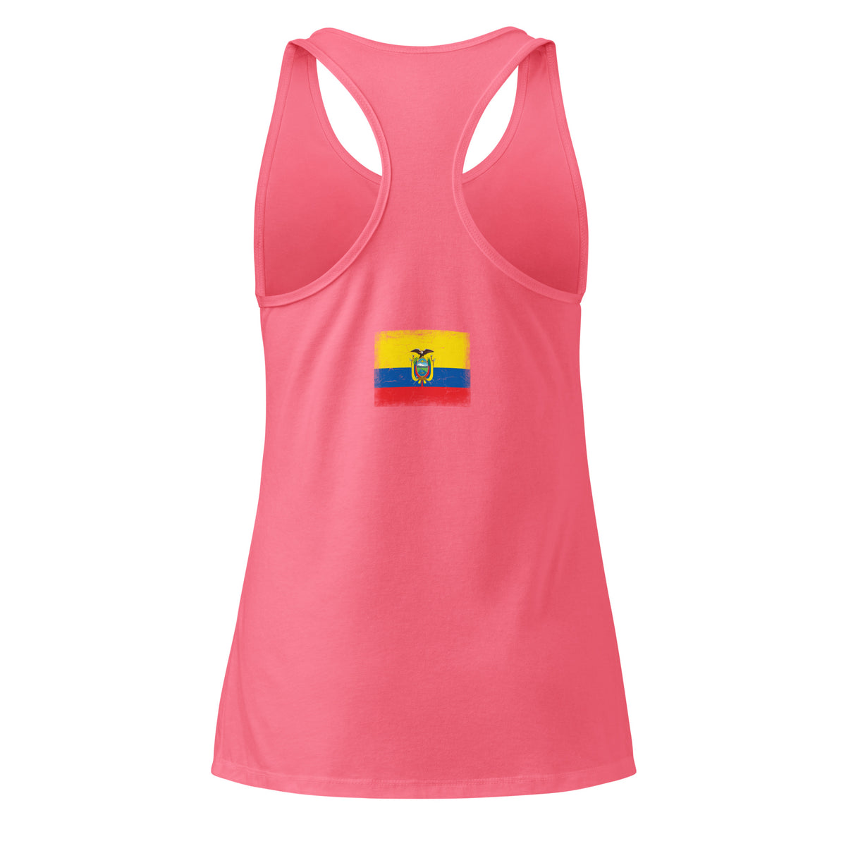 Ecuador flag racerback tank top in Hot Pink, vintage-washed print, flag across the upper back, women cut, back view