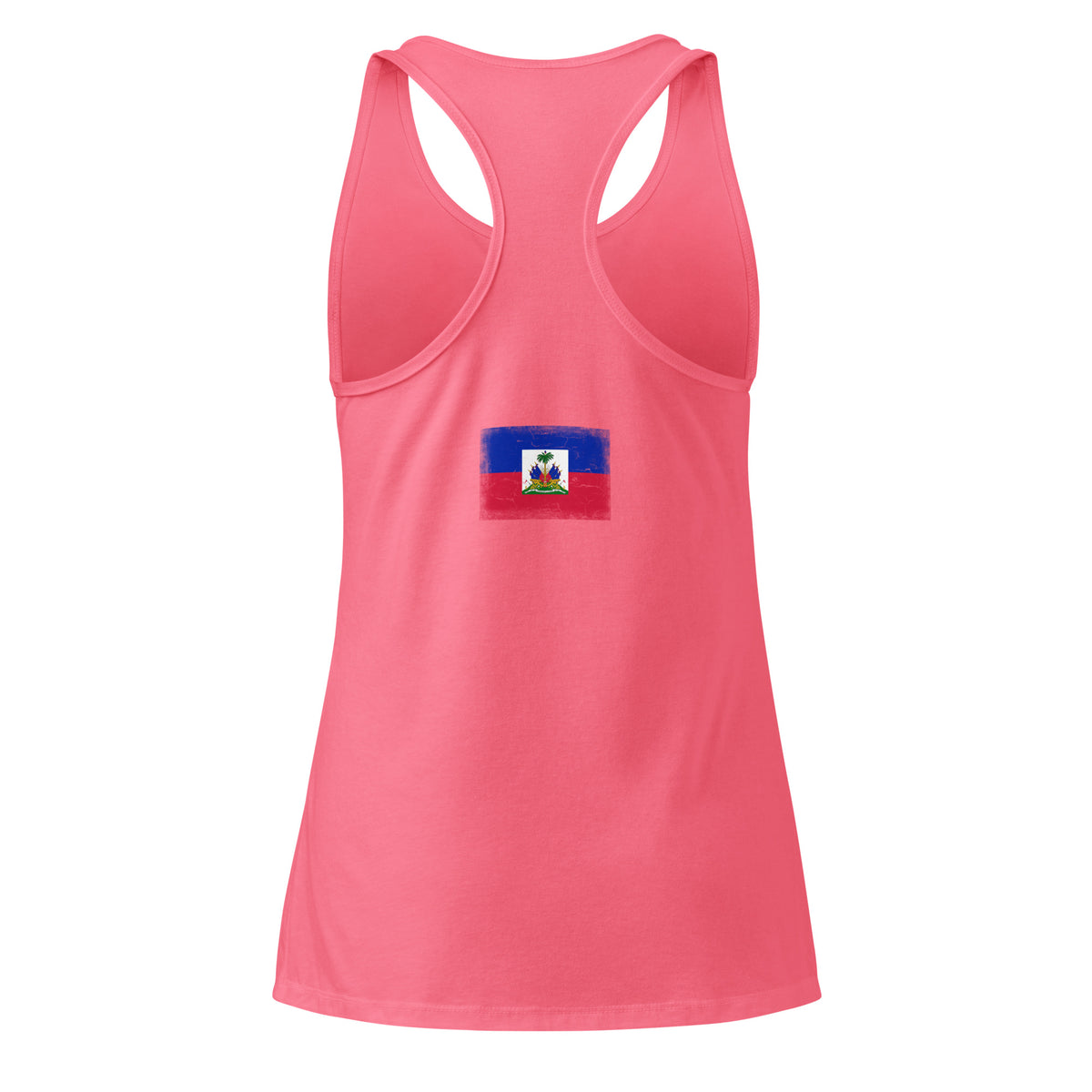 Haiti flag racerback tank top in Hot Pink, vintage-washed print, flag across the upper back, women cut, back view