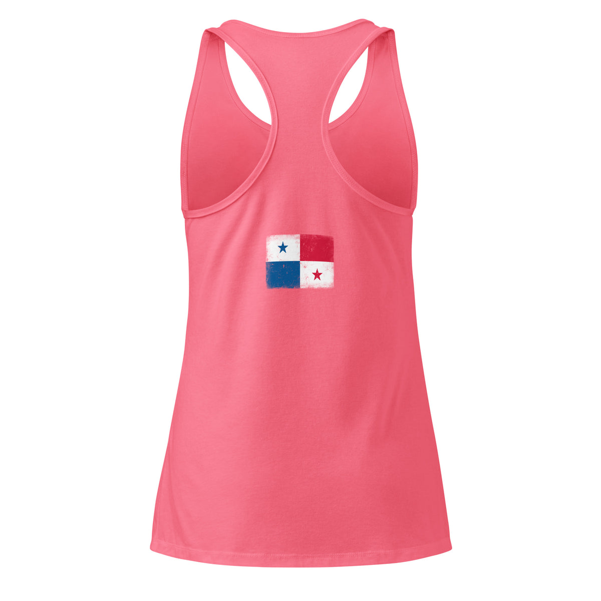 Panama flag racerback tank top in Hot Pink, vintage-washed print, flag across the upper back, women cut, back view