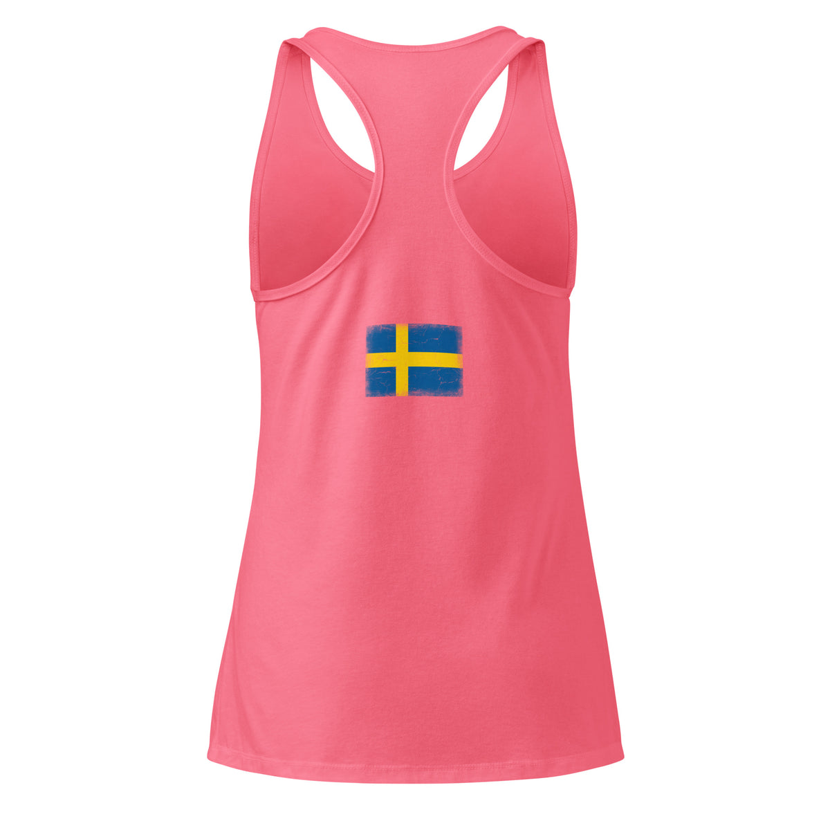 Sweden flag racerback tank top in Hot Pink, vintage-washed print, flag across the upper back, women cut, back view
