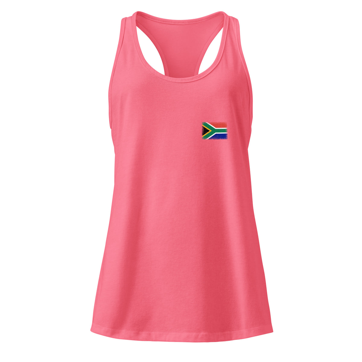 South Africa flag racerback tank top in Hot Pink, vintage-washed print, small flag on the left chest, women cut, front view