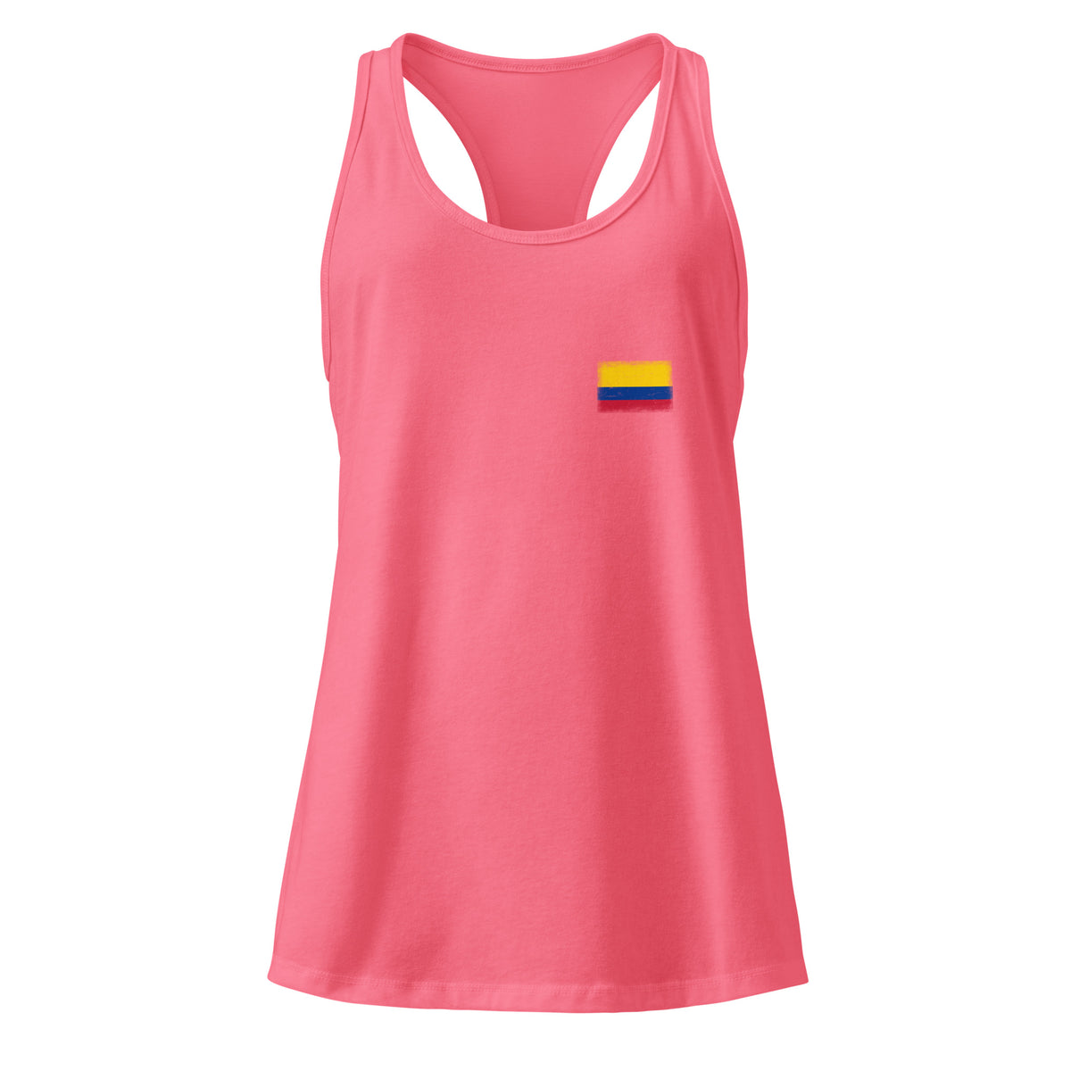 Colombia flag racerback tank top in Hot Pink, vintage-washed print, small flag on the left chest, women cut, front view