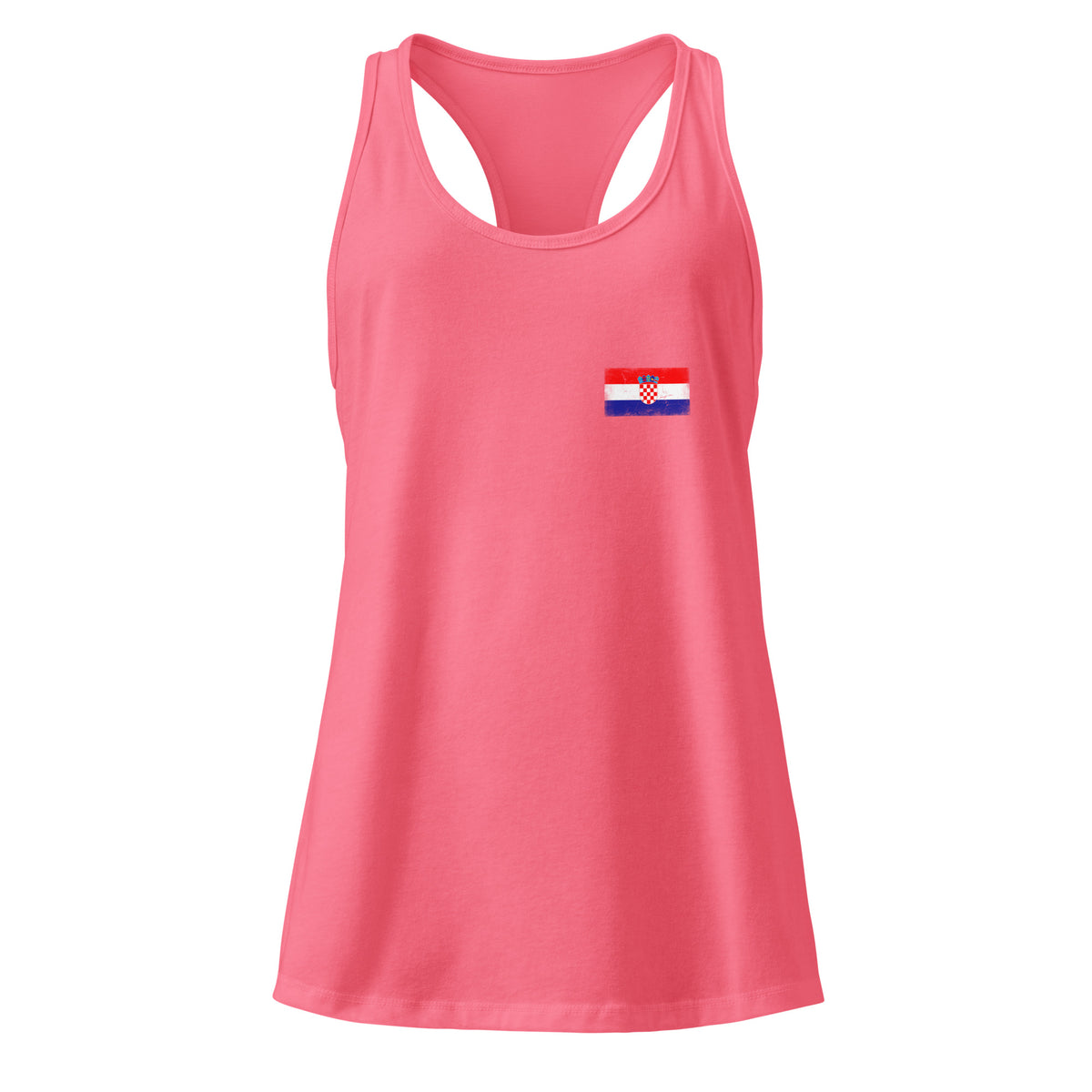 Croatia flag racerback tank top in Hot Pink, vintage-washed print, small flag on the left chest, women cut, front view