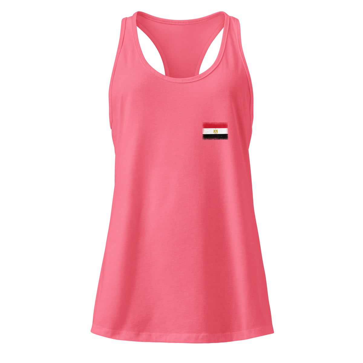 Egypt flag racerback tank top in Hot Pink, vintage-washed print, small flag on the left chest, women cut, front view