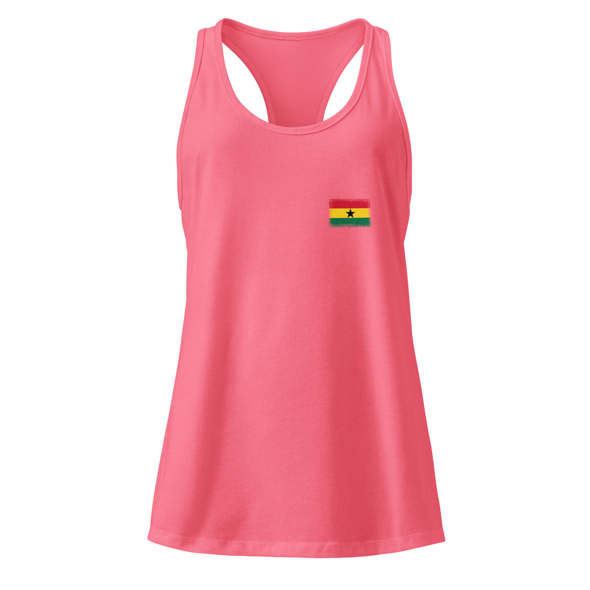 Ghana flag racerback tank top in Hot Pink, vintage-washed print, small flag on the left chest, women cut, front view