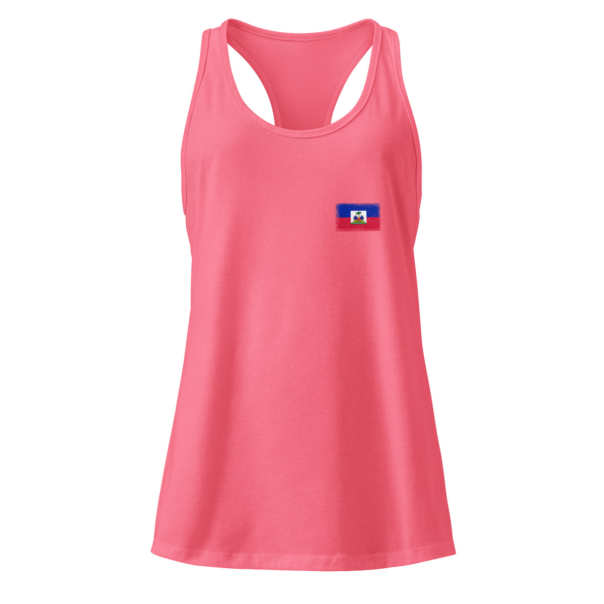 Haiti flag racerback tank top in Hot Pink, vintage-washed print, small flag on the left chest, women cut, front view