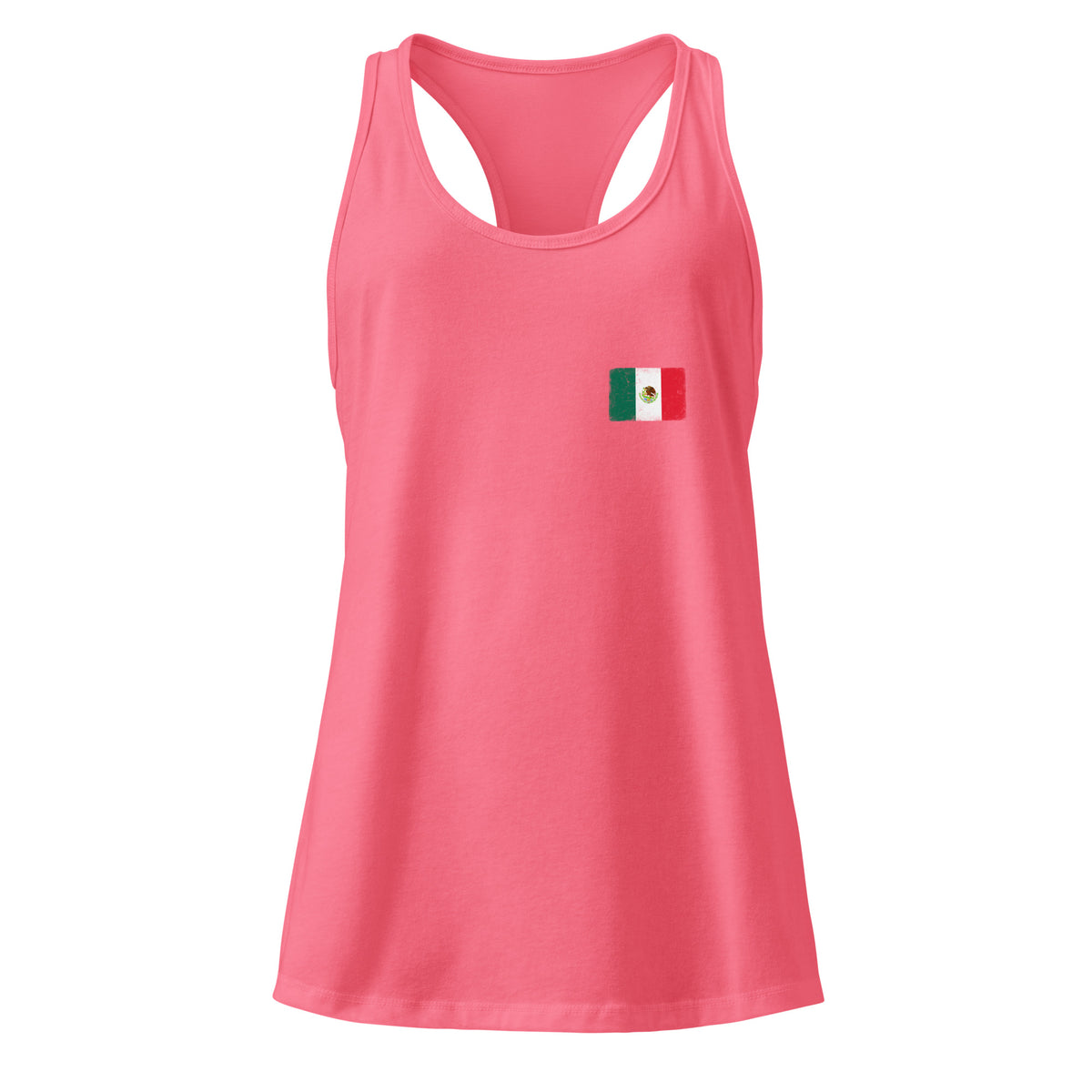 Mexico flag racerback tank top in Hot Pink, vintage-washed print, small flag on the left chest, women cut, front view