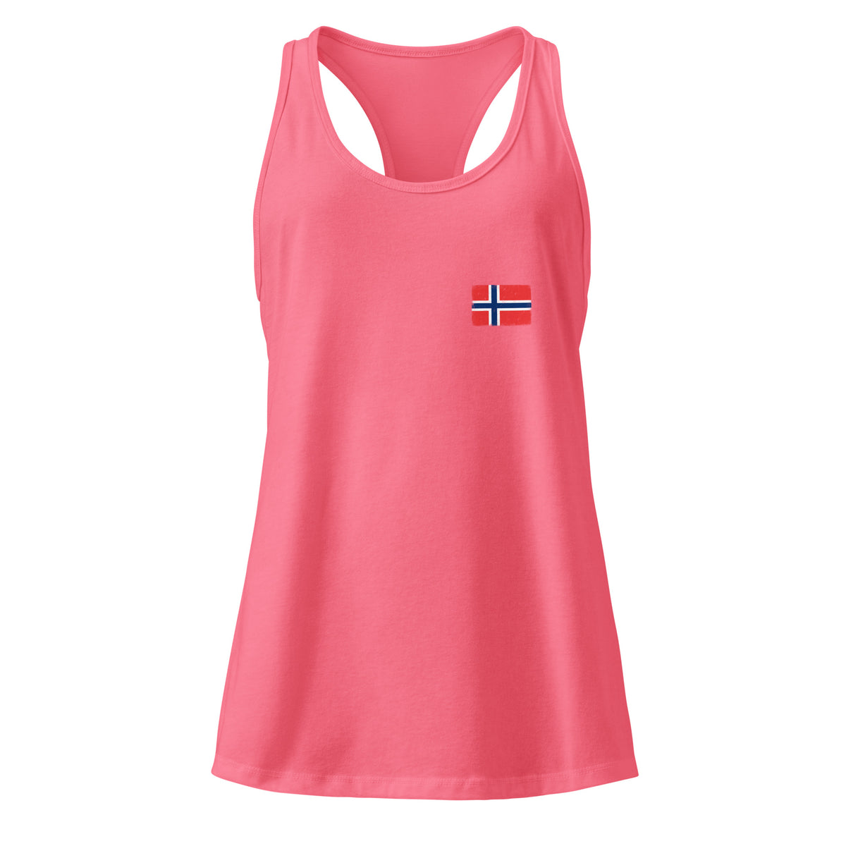 Norway flag racerback tank top in Hot Pink, vintage-washed print, small flag on the left chest, women cut, front view