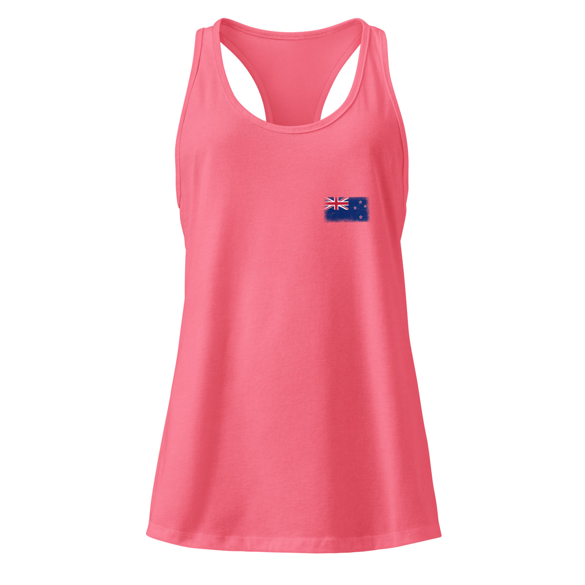 New Zealand flag racerback tank top in Hot Pink, vintage-washed print, small flag on the left chest, women cut, front view