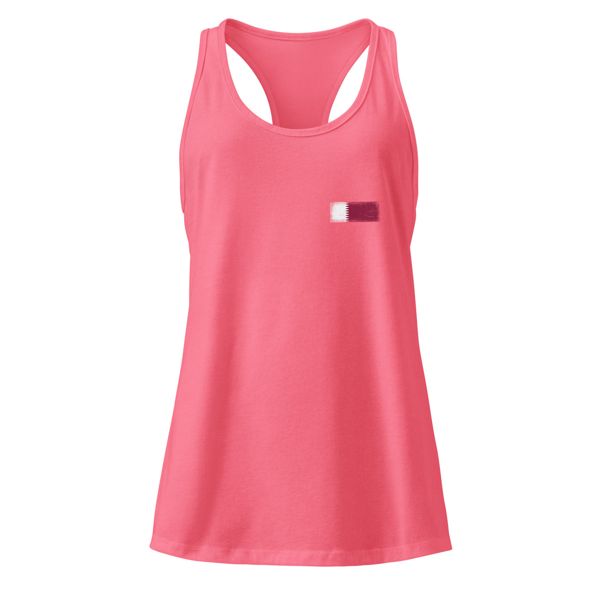 Qatar flag racerback tank top in Hot Pink, vintage-washed print, small flag on the left chest, women cut, front view