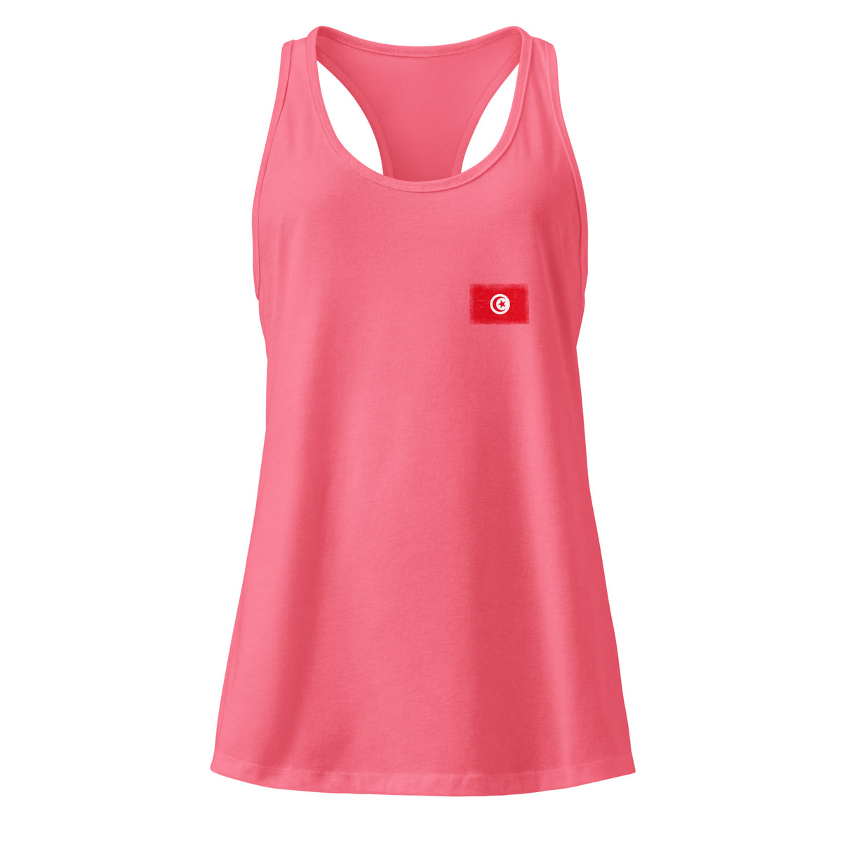 Tunisia flag racerback tank top in Hot Pink, vintage-washed print, small flag on the left chest, women cut, front view