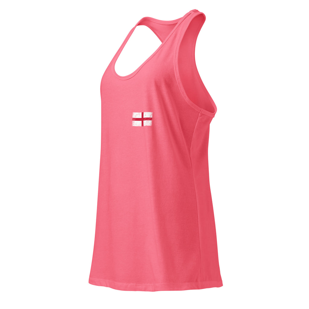 England flag racerback tank top in Hot Pink, vintage-washed print, small flag on the left chest, women cut, side view
