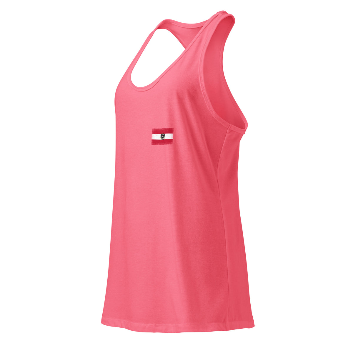 Austria flag racerback tank top in Hot Pink, vintage-washed print, small flag on the left chest, women cut, side view