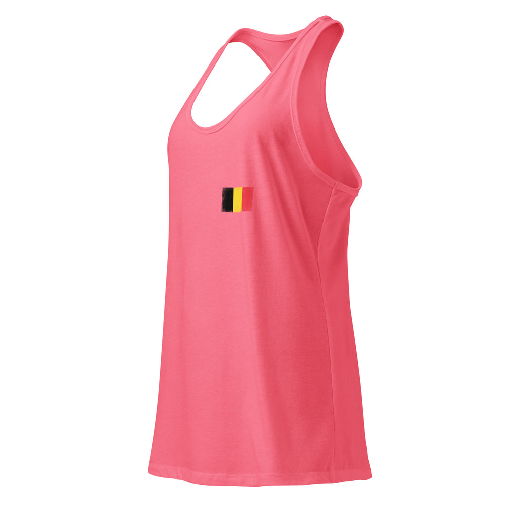 Belgium flag racerback tank top in Hot Pink, vintage-washed print, small flag on the left chest, women cut, side view