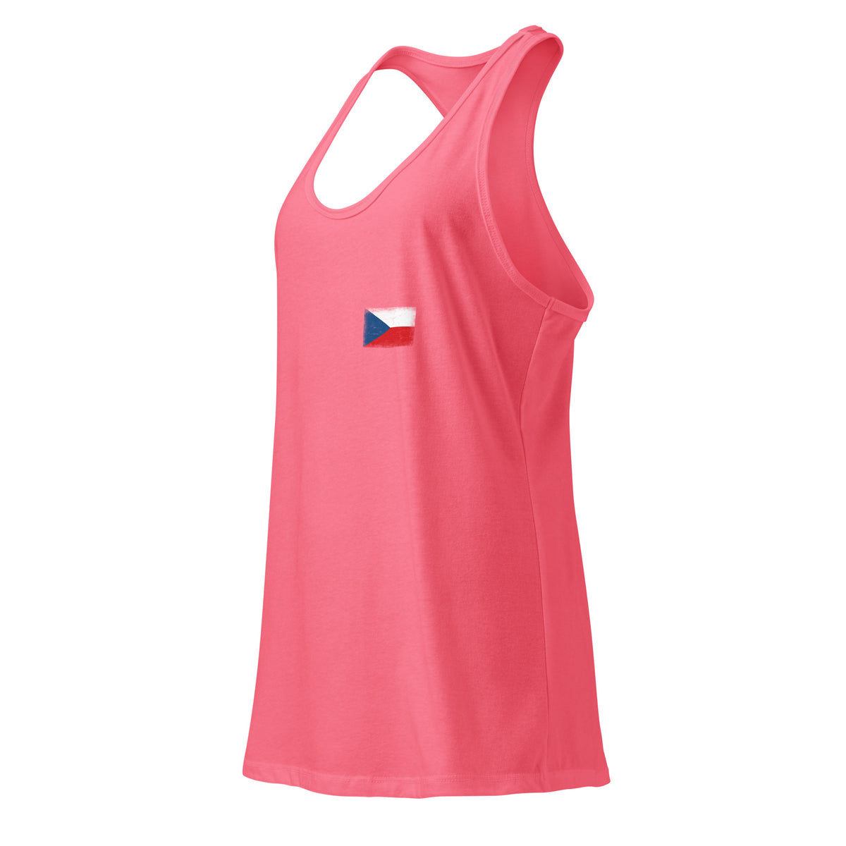 Czechia flag racerback tank top in Hot Pink, vintage-washed print, small flag on the left chest, women cut, side view