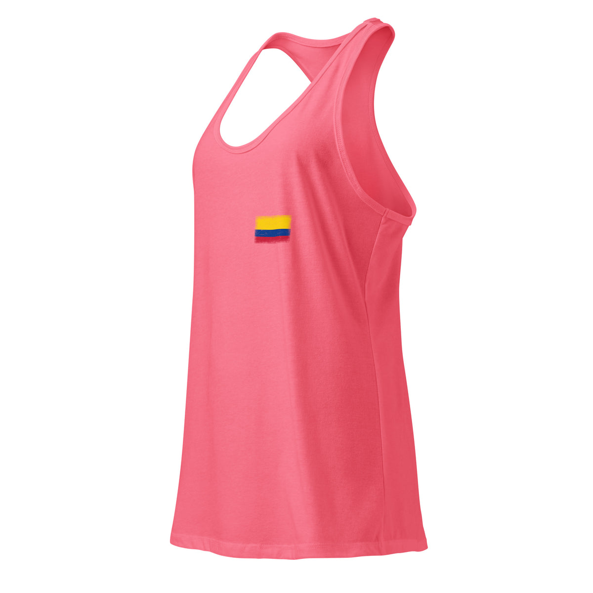 Colombia flag racerback tank top in Hot Pink, vintage-washed print, small flag on the left chest, women cut, side view