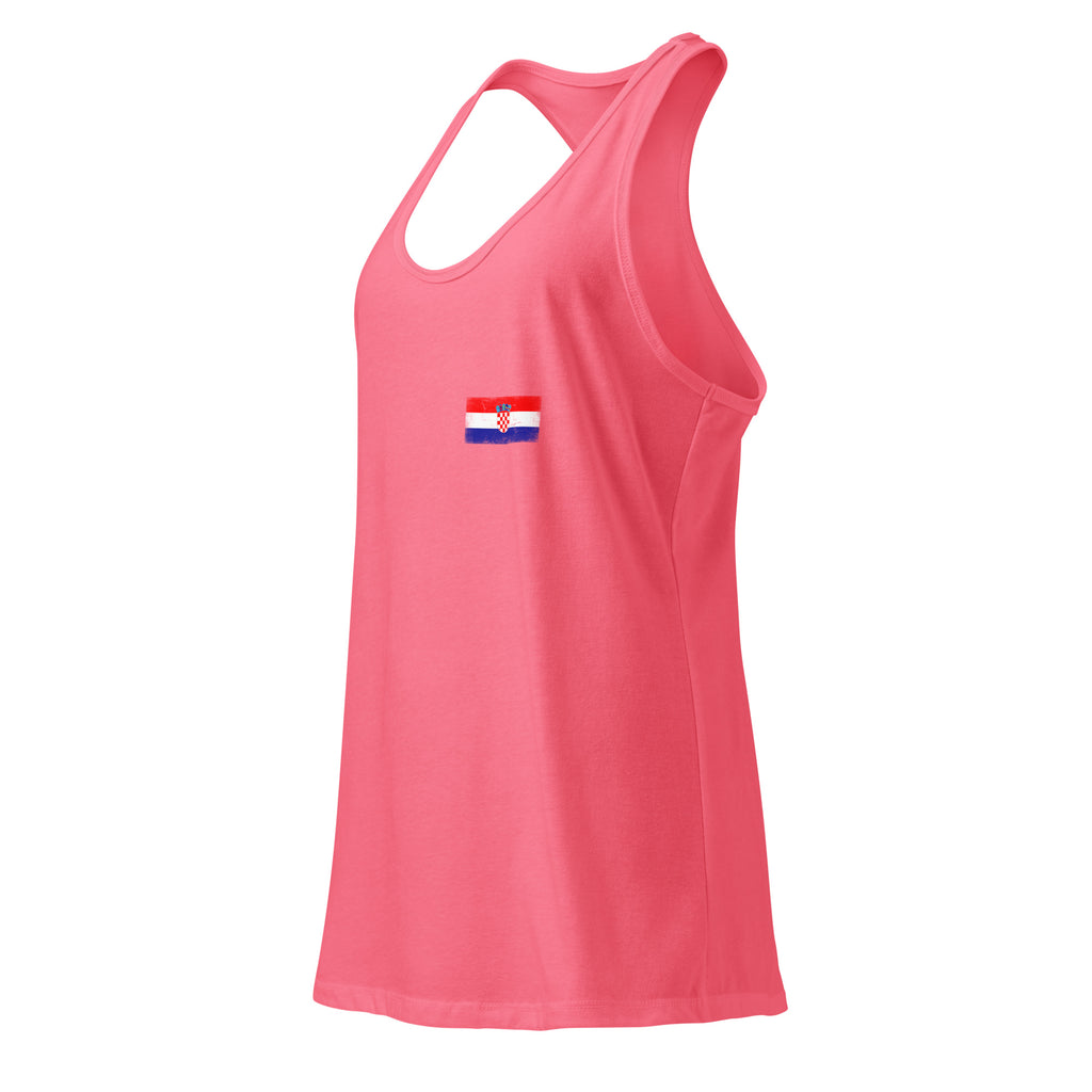 Croatia flag racerback tank top in Hot Pink, vintage-washed print, small flag on the left chest, women cut, side view