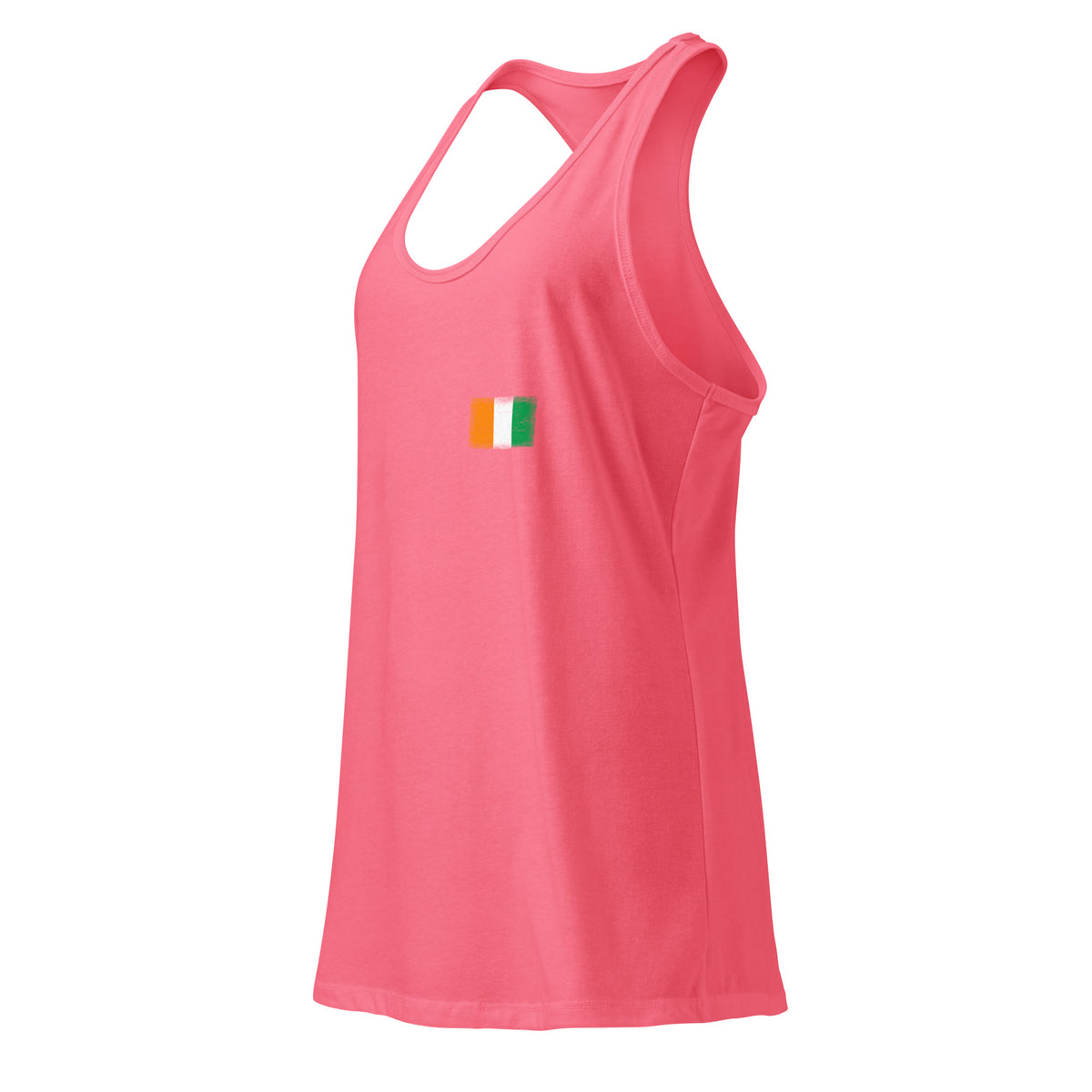 Côte d'Ivoire flag racerback tank top in Hot Pink, vintage-washed print, small flag on the left chest, women cut, side view
