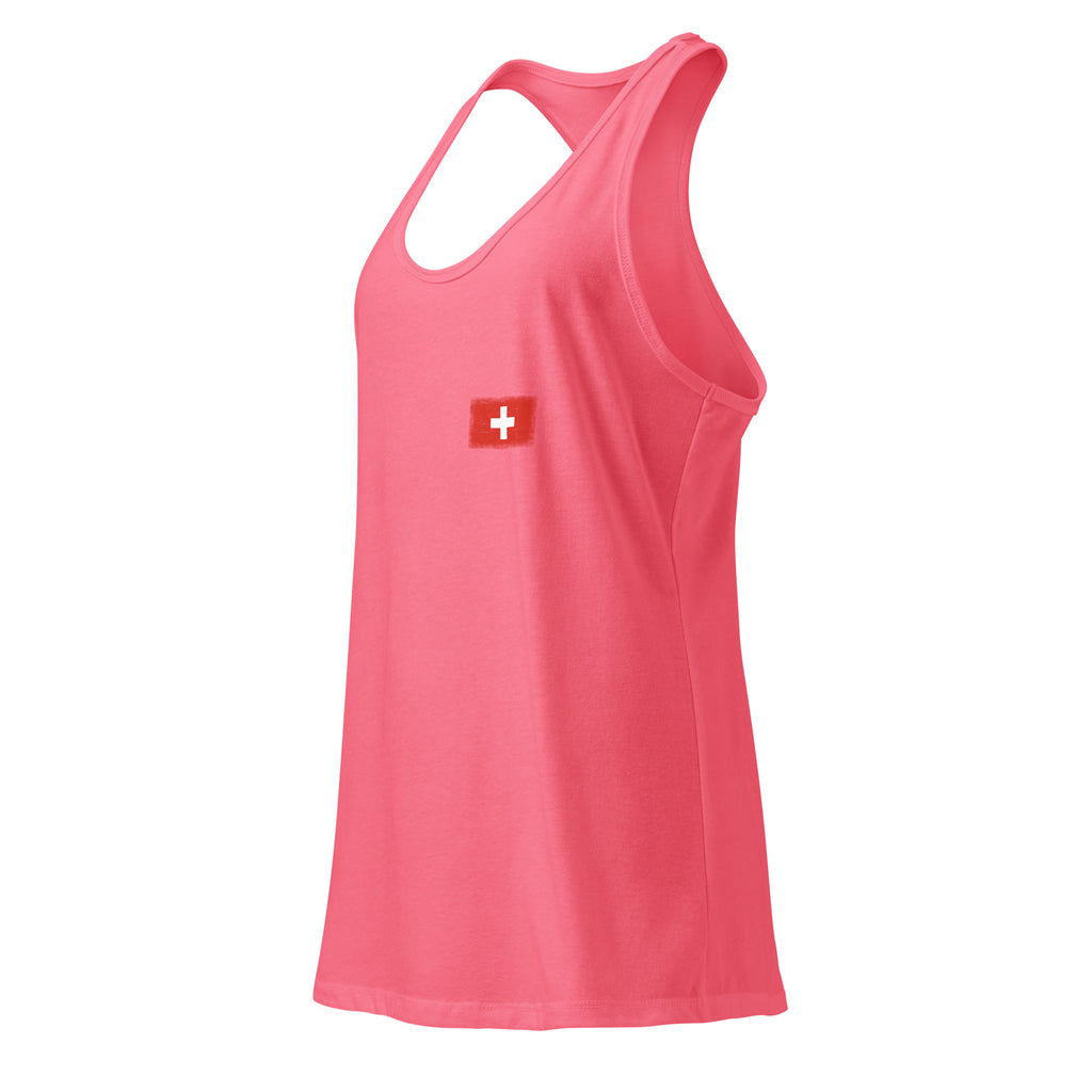 Switzerland flag racerback tank top in Hot Pink, vintage-washed print, small flag on the left chest, women cut, side view