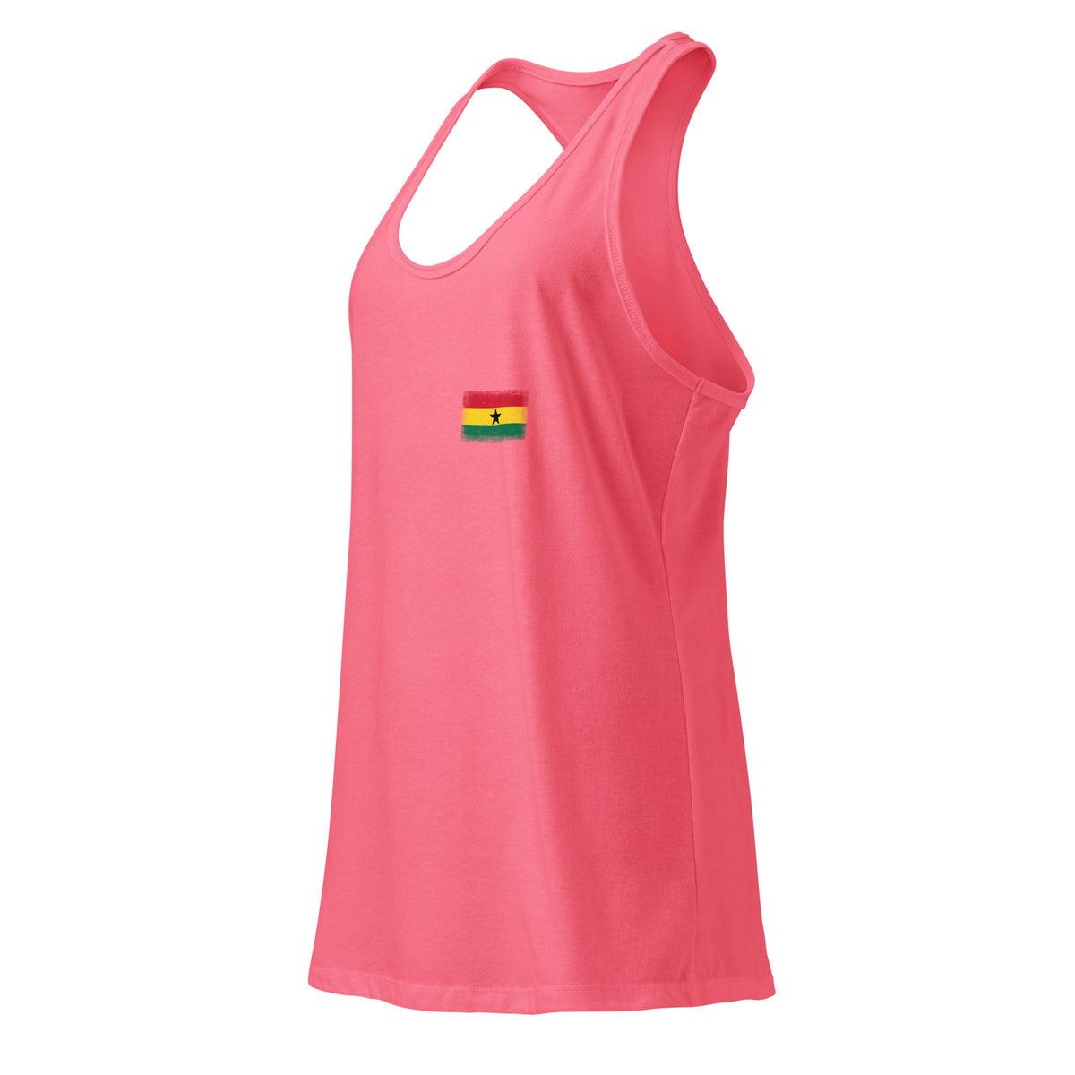 Ghana flag racerback tank top in Hot Pink, vintage-washed print, small flag on the left chest, women cut, side view