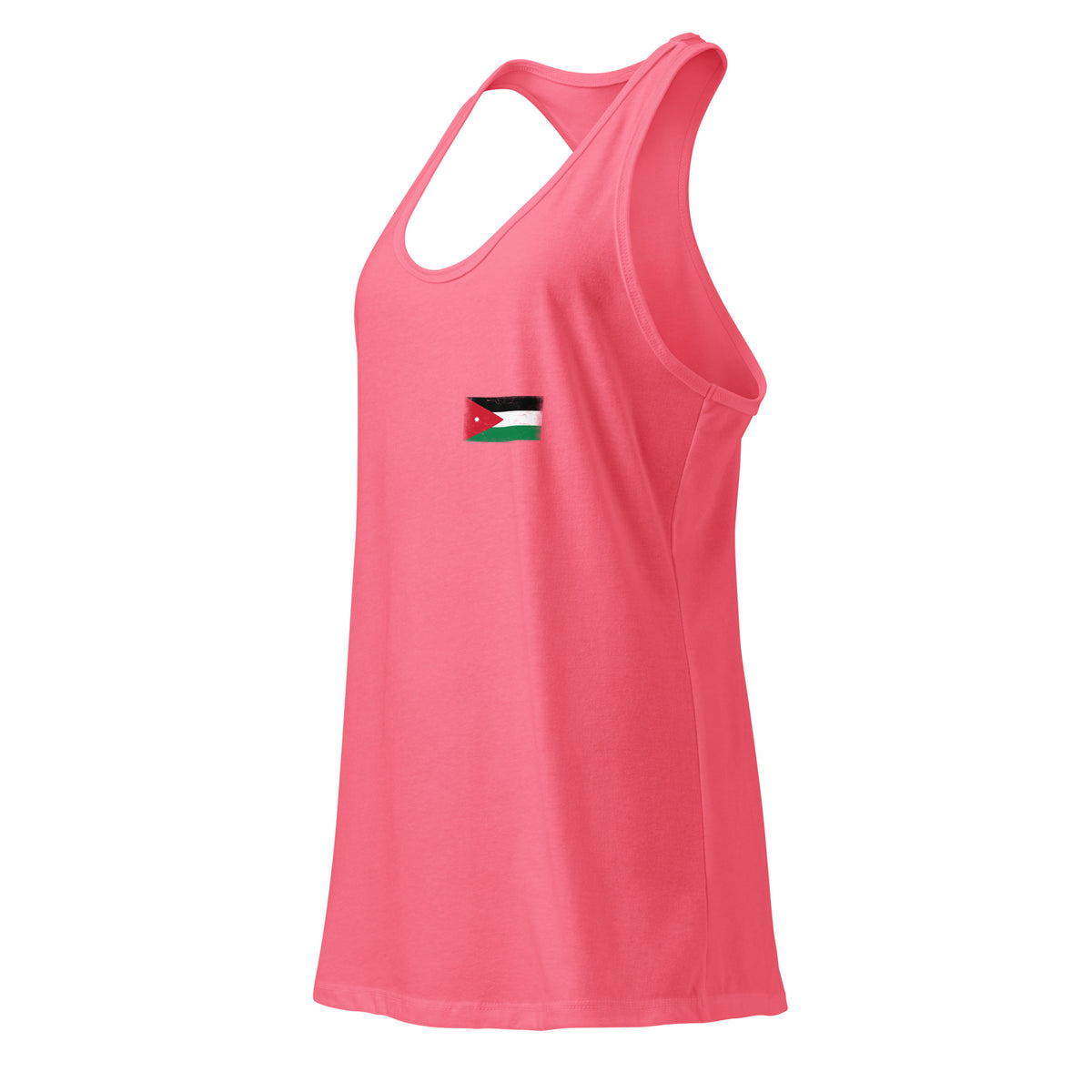 Jordan flag racerback tank top in Hot Pink, vintage-washed print, small flag on the left chest, women cut, side view