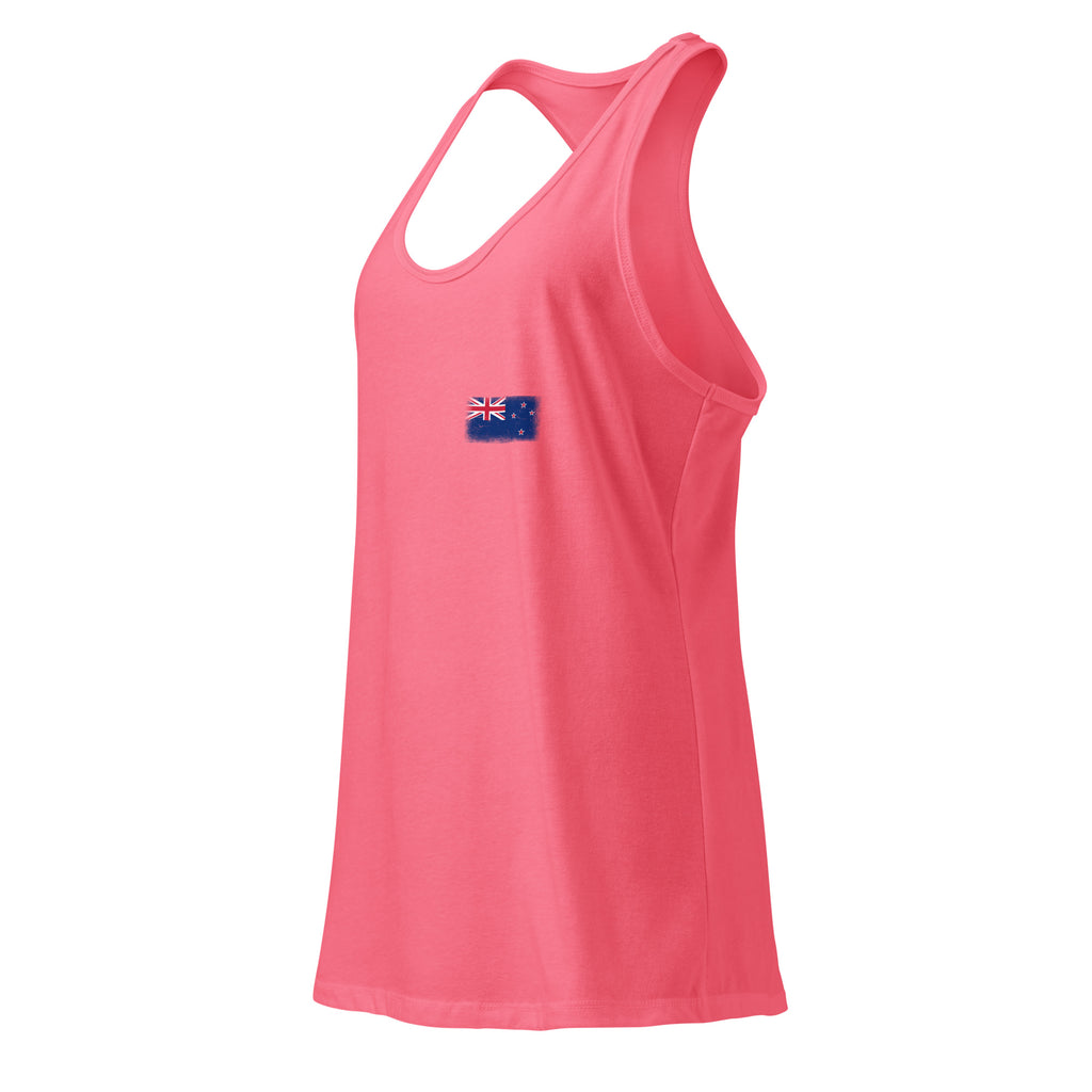 New Zealand flag racerback tank top in Hot Pink, vintage-washed print, small flag on the left chest, women cut, side view