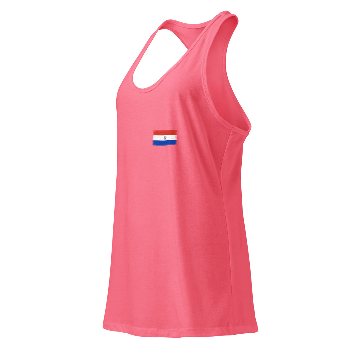 Paraguay flag racerback tank top in Hot Pink, vintage-washed print, small flag on the left chest, women cut, side view